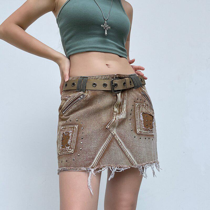 Fairy Grunge Distressed Patchwork Mini Skirt-Mauv Studio