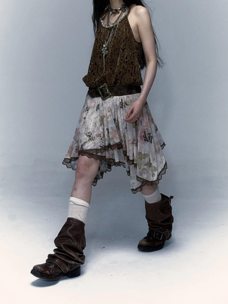 Fairy Grunge Floral Asymmetric Midi Skirt-Mauv Studio