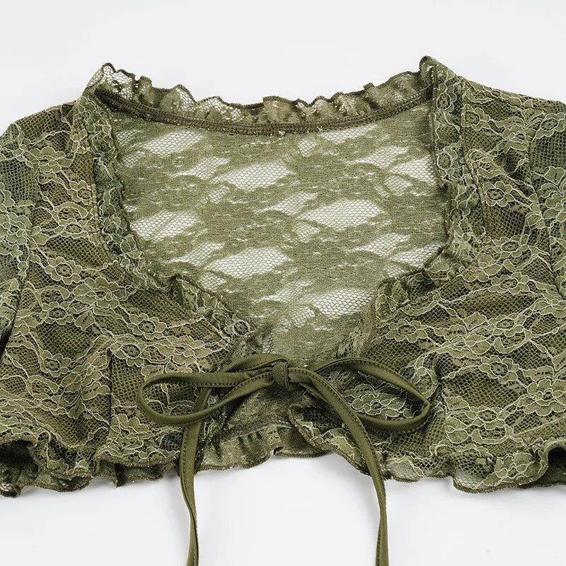 Fairy Grunge Lace Top with lace trim, Y2K long sleeve top styled with low rise bottoms
