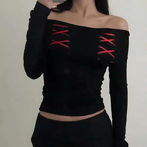 Fairy Grunge Off Shoulder Lace Up Top-Red-S-Mauv Studio
