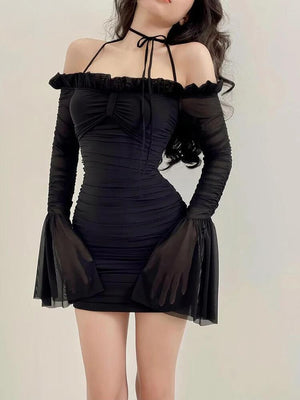 Flare Cuffs Off Shoulder Mesh Mini Dress view 10 | MAUVSTUDIO®
