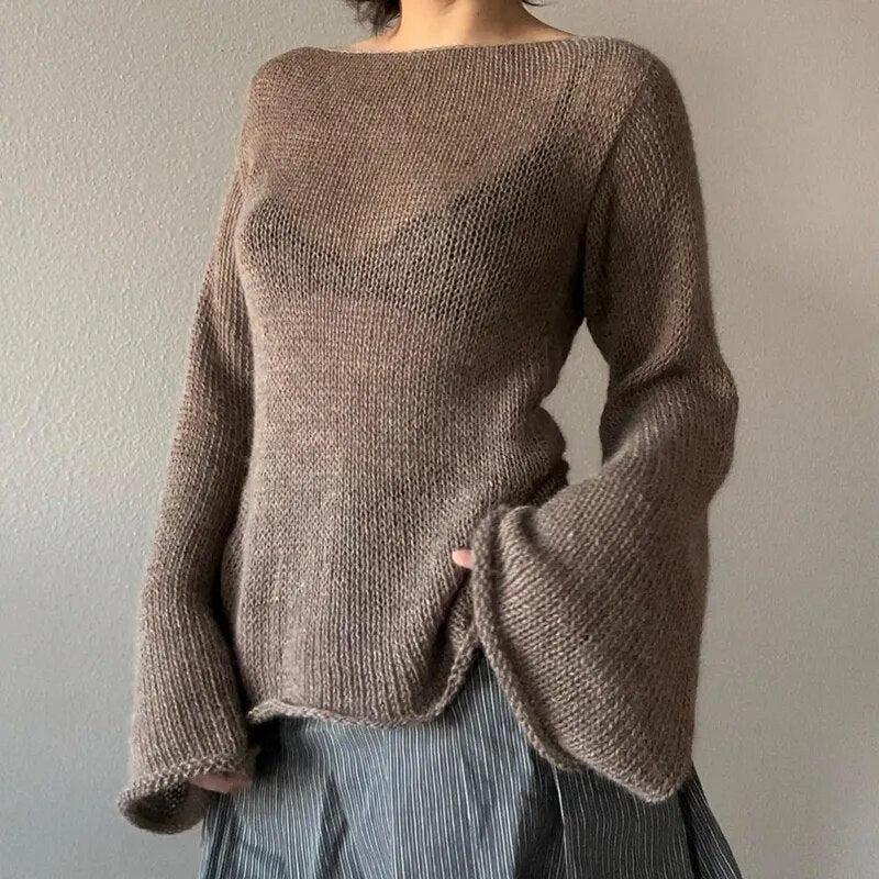 Flare Sleeved Knit Backless Top-Brown-S-Mauv Studio