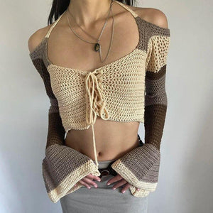 Flared Sleeve Crop Crochet Sweater-Mauv Studio