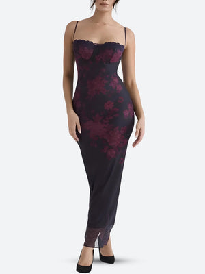 Floral Bodycon Lace Up Mesh Maxi Dress view 2 | MAUVSTUDIO®