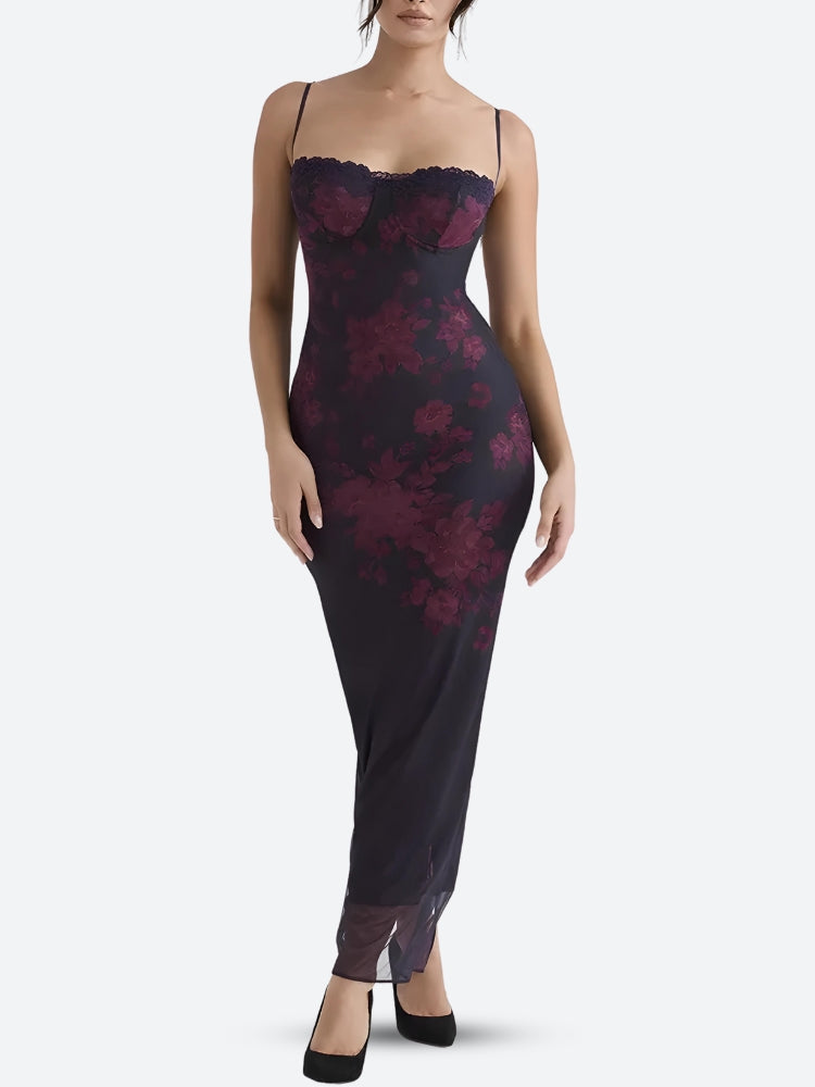 Floral Bodycon Lace Up Mesh Maxi Dress view 2 | MAUVSTUDIO®