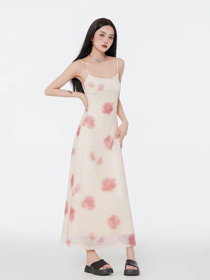 Floral Mesh Spaghetti Strap Maxi Dress-Mauv Studio