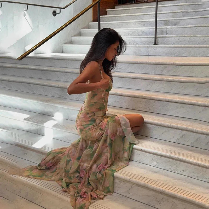 Floral Ruched Maxi Dress view 3 | MAUVSTUDIO®