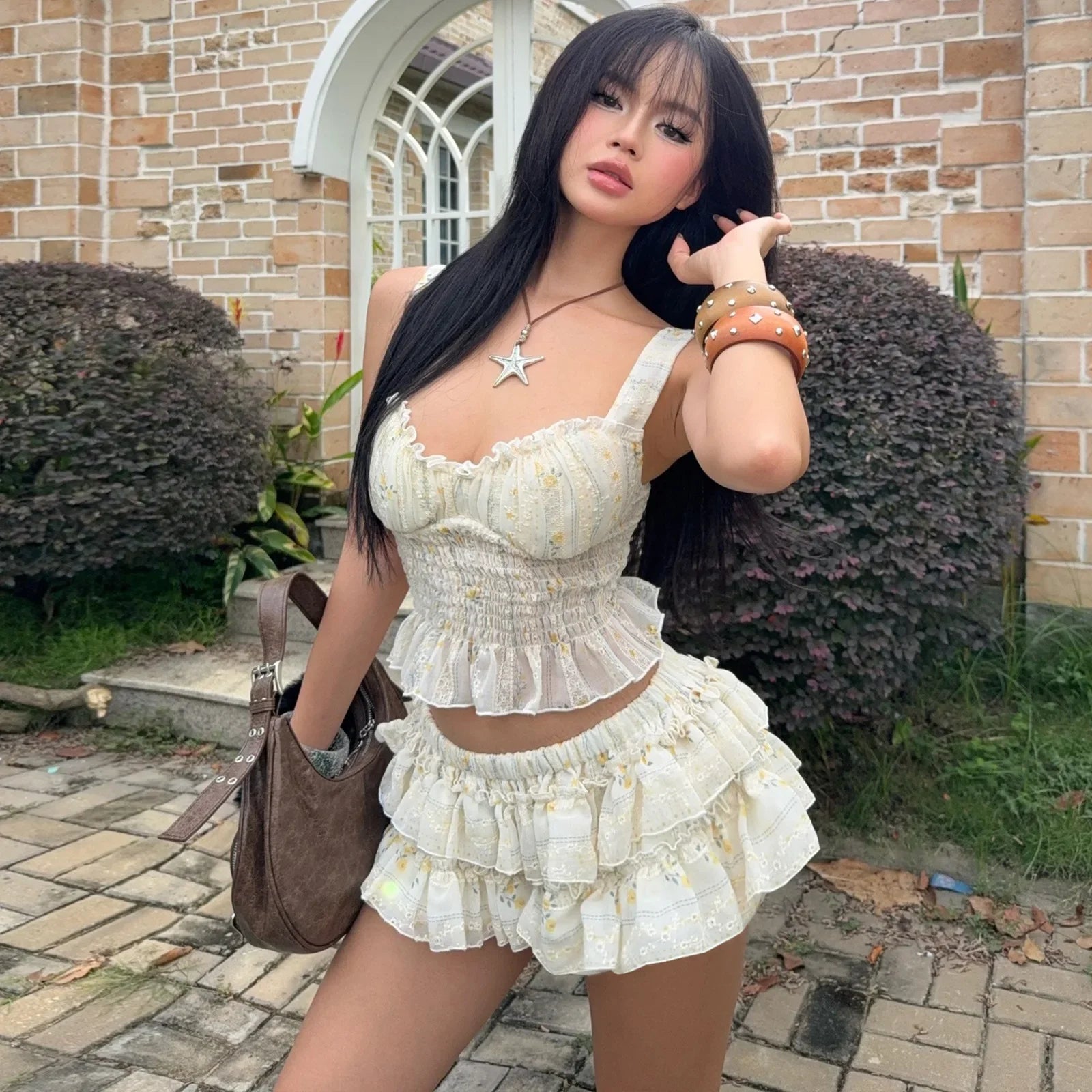 , Y2K skirt styled with a crop top