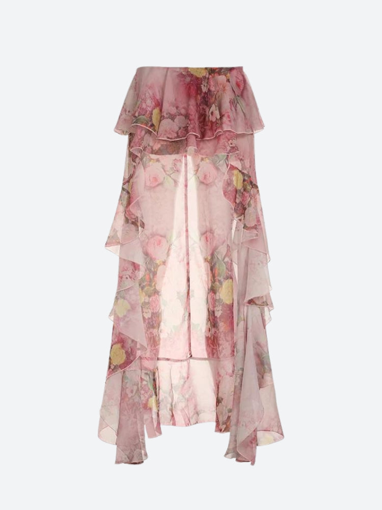 Floral Ruffled Mesh Mullet Skirt-Mauv Studio