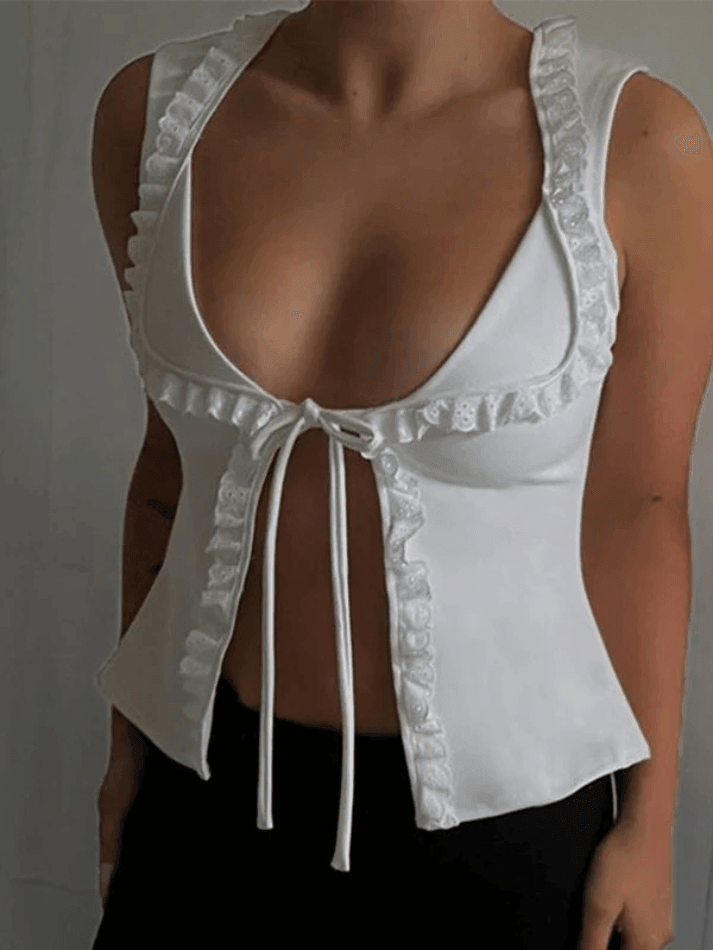 Frill Trim Lace Up White Tank Top-Tops&Tees-MAUV STUDIO-STREETWEAR-Y2K-CLOTHING