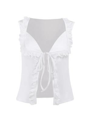 Frill Trim Lace Up White Tank Top-Tops&Tees-MAUV STUDIO-STREETWEAR-Y2K-CLOTHING