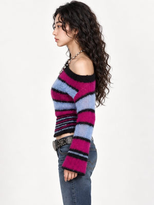 Fuzzy Stripe Off Shoulder Sweater