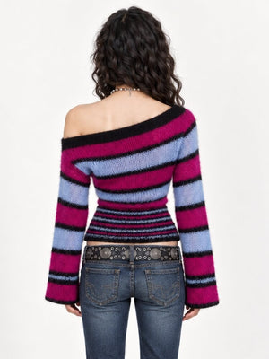 Fuzzy Stripe Off Shoulder Sweater