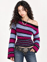 Fuzzy Stripe Off Shoulder Sweater