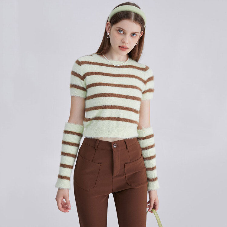 Fuzzy Striped Top + Gloves Set-Sweaters-MAUV STUDIO-STREETWEAR-Y2K-CLOTHING