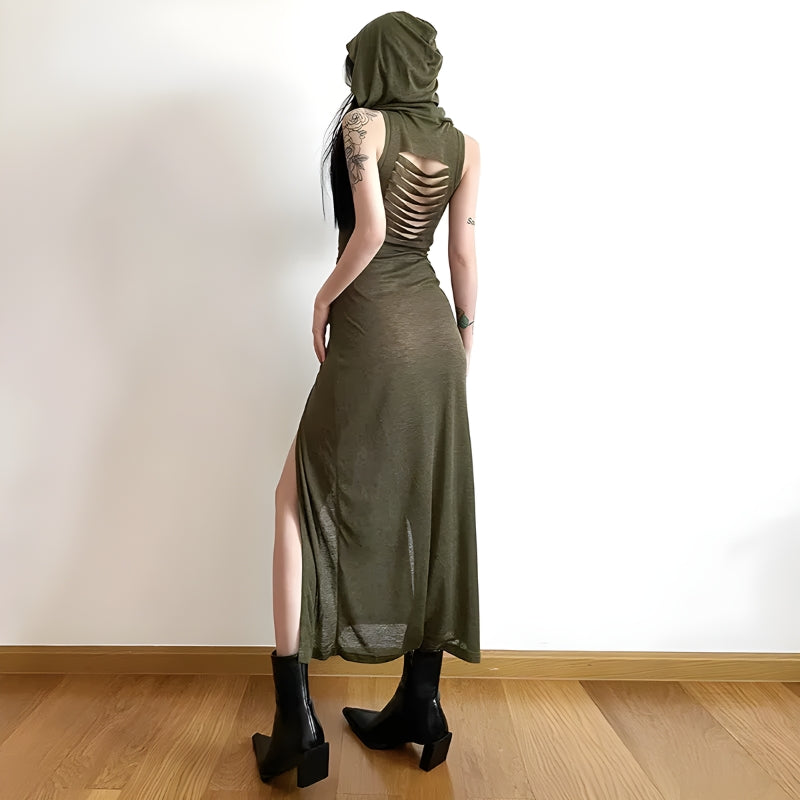 Goth Hooded Cut Out Back Midi Dress-Mauv Studio