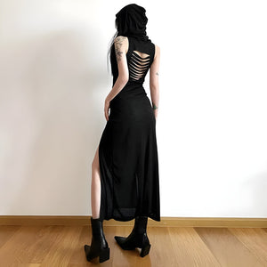 Goth Hooded Cut Out Back Midi Dress-Mauv Studio