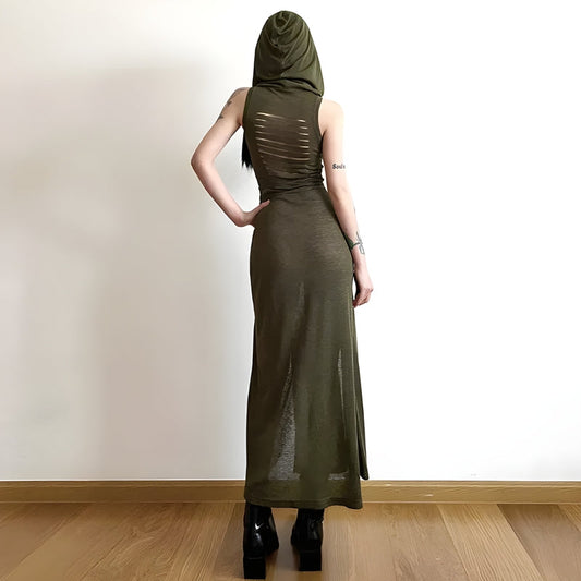 Goth Hooded Cut Out Back Midi Dress-Mauv Studio