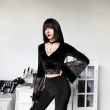 Goth Lace Flare Cuffs Crop Top-Black-XS-Mauv Studio