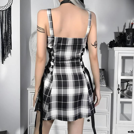 Goth Plaid Lace Up Mini Dress-Mauv Studio