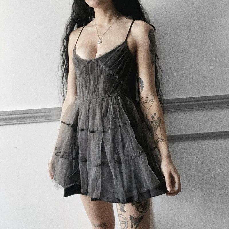 goth mini dress Frustration Garden Black Punk Features dramatic bell sleeves Goth Strap Patchwork Mini Dress