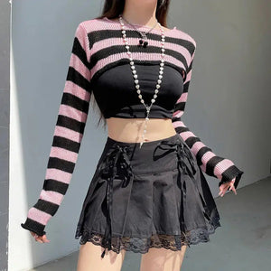 Goth Striped Knitted Shrug Sweater-Pink-S-Mauv Studio