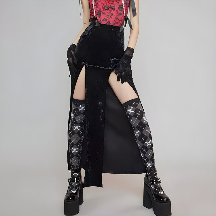 Goth Velvet High Split Midi Skirt-Mauv Studio