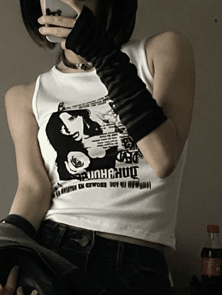 Gothic Punk Printed Rib Crop Tank Top-Tops&Tees-MAUV STUDIO-STREETWEAR-Y2K-CLOTHING