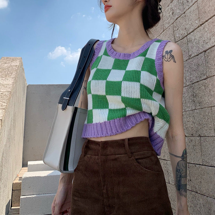 Green & Lavender Checkered Vest-Vest-MAUV STUDIO-STREETWEAR-Y2K-CLOTHING