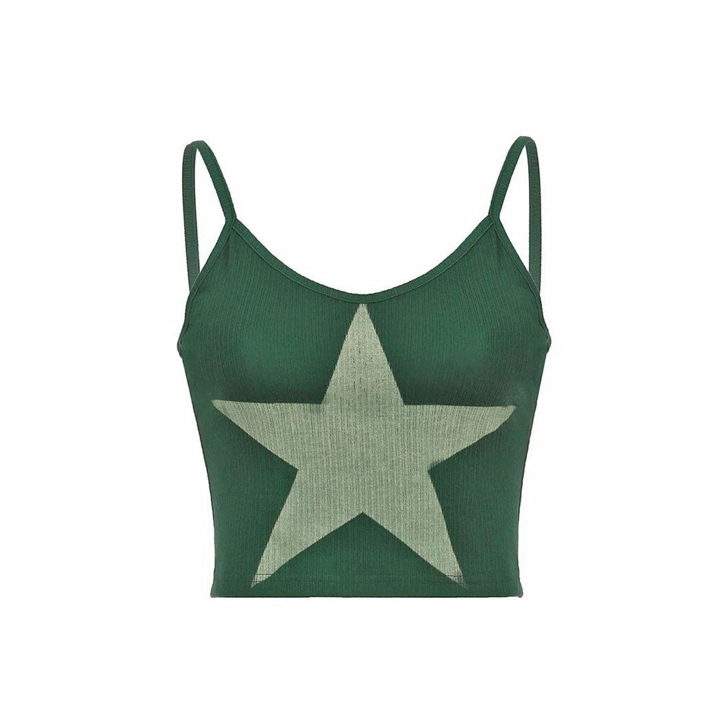 Green Star Ribbed Tank Top-Tops-MAUV STUDIO-STREETWEAR-Y2K-CLOTHING