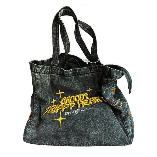 Groovy Trippy Heart Denim Bag-Handbags-MAUV STUDIO-STREETWEAR-Y2K-CLOTHING