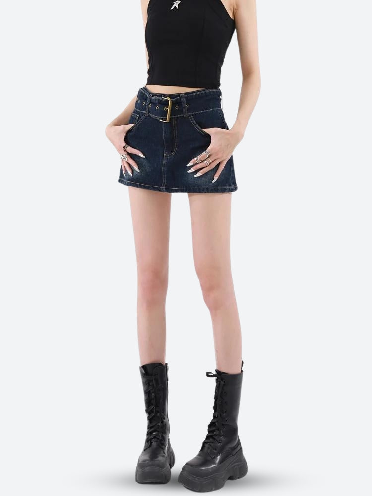 Grunge Belted Denim Mini Skirt-Mauv Studio