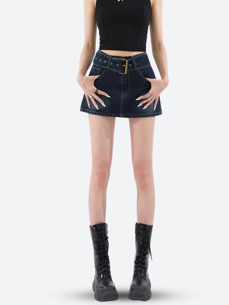 Grunge Belted Denim Mini Skirt-Mauv Studio