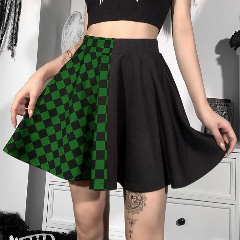 Grunge Checked A-Line Mini Skirt, Y2K mini skirt styled with a crop top