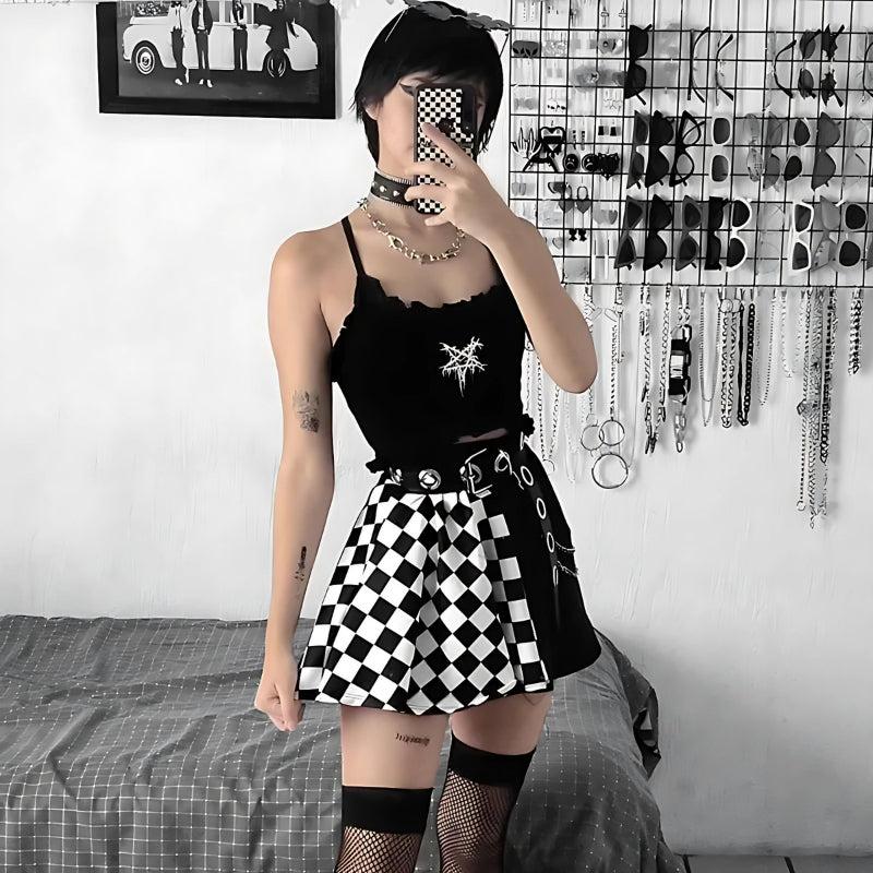 Grunge Checked A-Line Mini Skirt, Y2K mini skirt styled with a crop top
