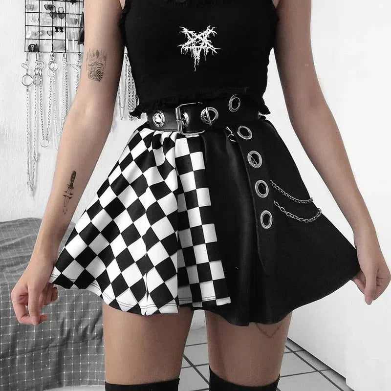 Grunge Checked A-Line Mini Skirt, Y2K mini skirt styled with a crop top