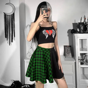 Grunge Checked A-Line Mini Skirt, Y2K mini skirt styled with a crop top