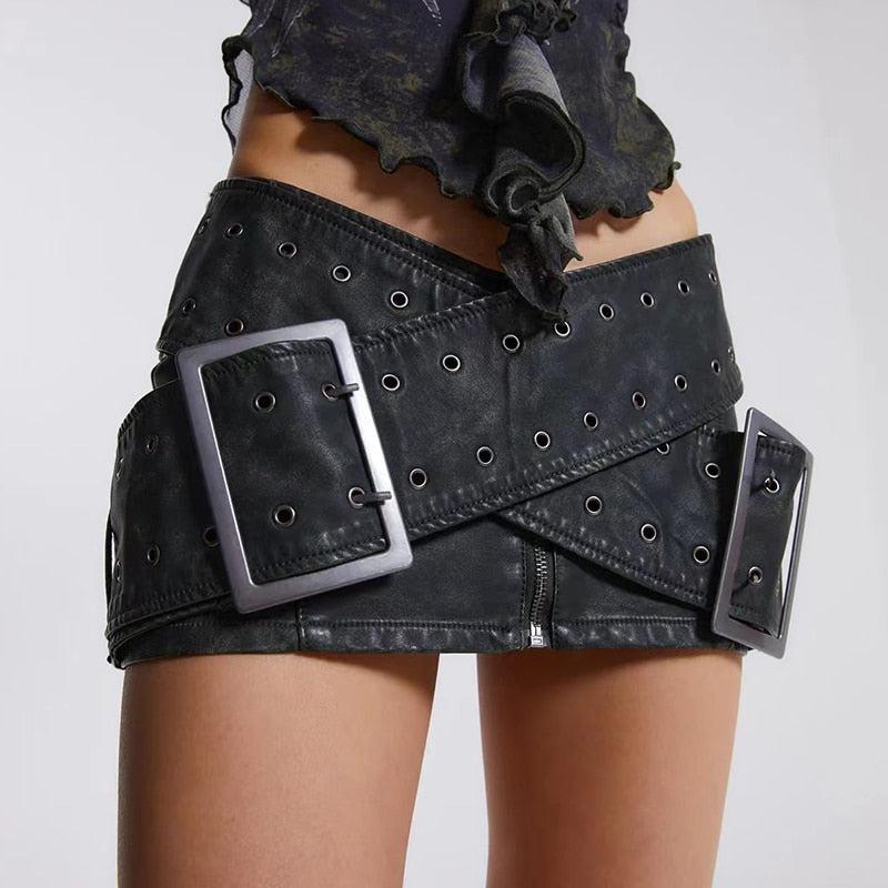 Grunge Cross Belt Faux Leather Mini Skirt-Mauv Studio
