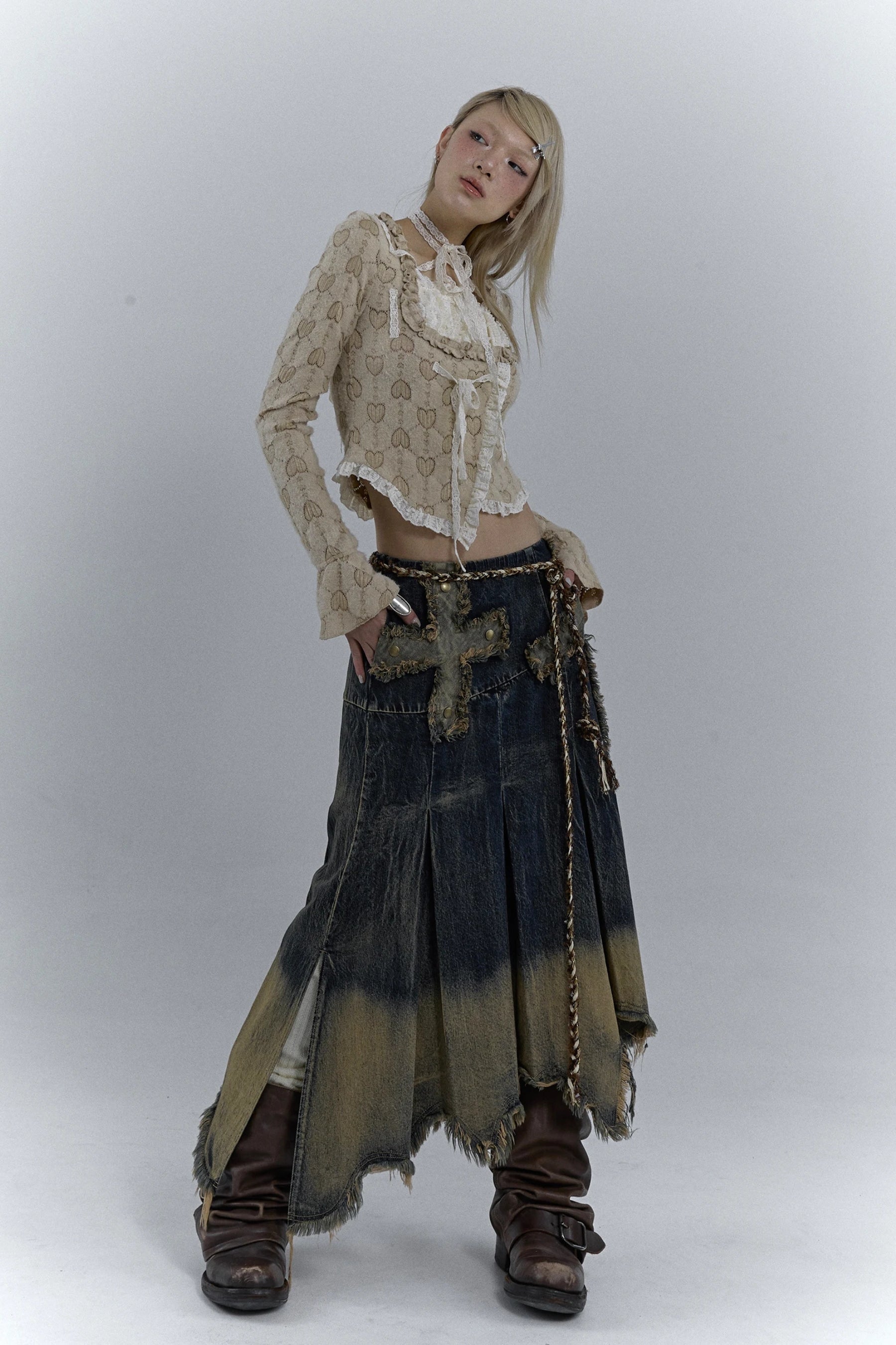 Grunge Cross Patch Pleated Maxi Skirt, Y2K skirt styled with a crop top