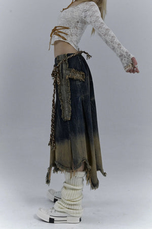 Grunge Cross Patch Pleated Maxi Skirt, Y2K skirt styled with a crop top