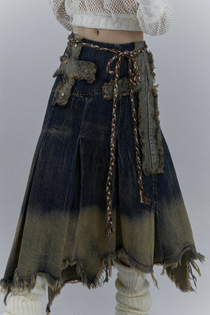 Grunge Cross Patch Pleated Maxi Skirt, Y2K skirt styled with a crop top