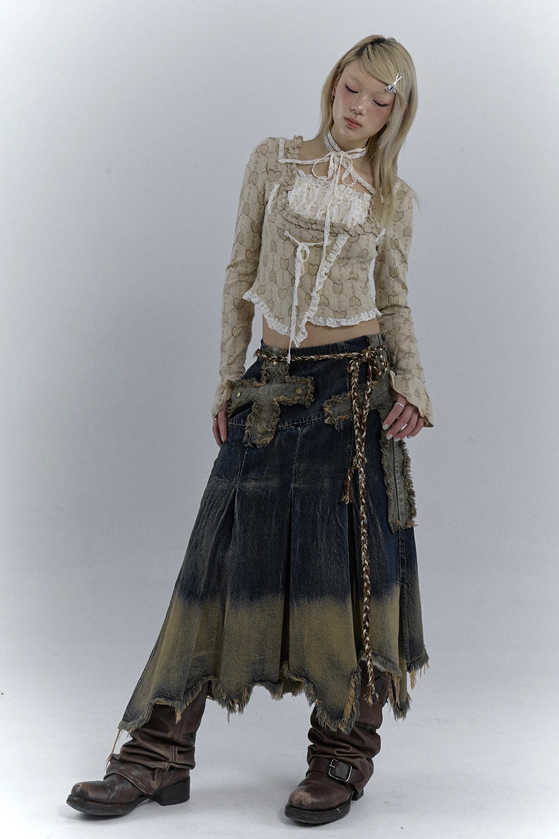 Grunge Cross Patch Pleated Maxi Skirt, Y2K skirt styled with a crop top
