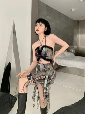 Grunge Cut Out Split Midi Dress view 2 | MAUVSTUDIO®