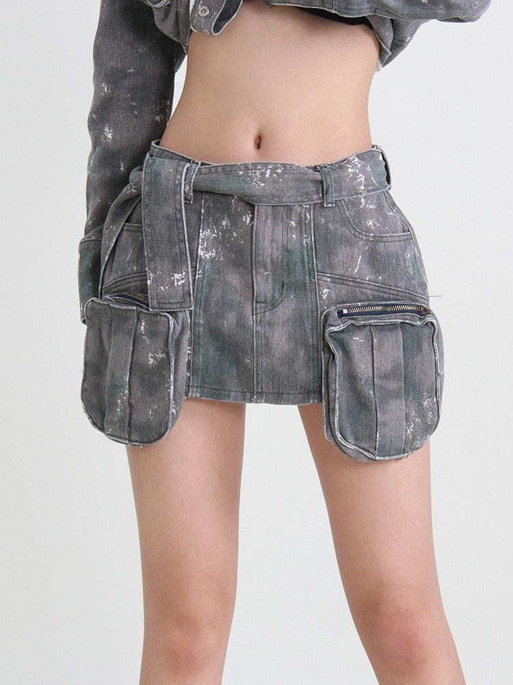 Grunge Distressed Cargo Denim Mini Skirt-Mauv Studio