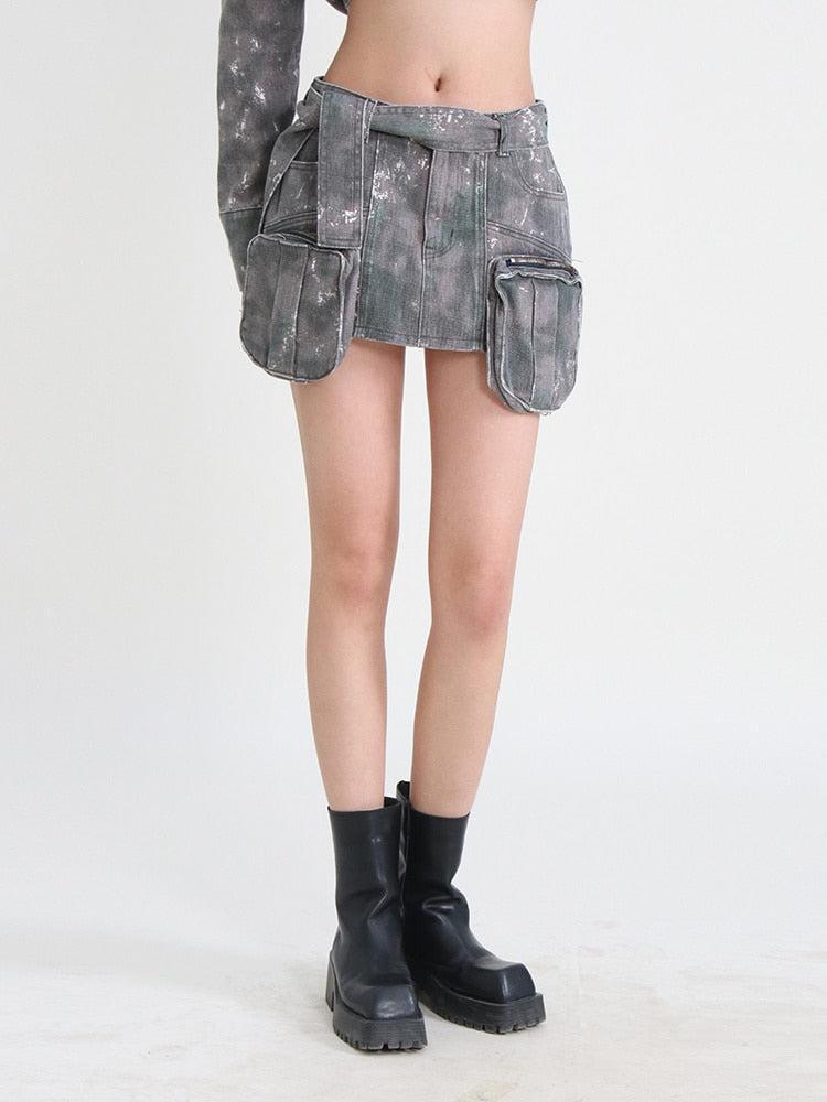 Grunge Distressed Cargo Denim Mini Skirt-Mauv Studio