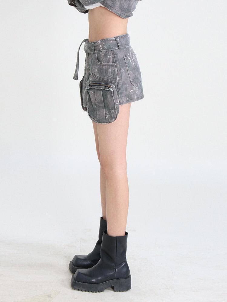 Grunge Distressed Cargo Denim Mini Skirt-Mauv Studio