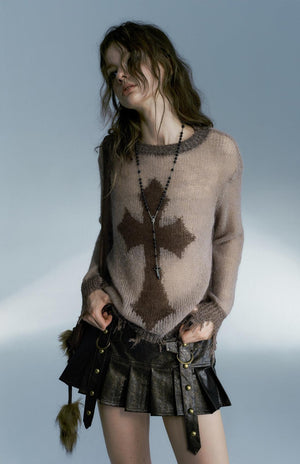 Grunge Distressed Cross Sweater-Mauv Studio