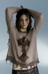 Grunge Distressed Cross Sweater-Brown-S-Mauv Studio