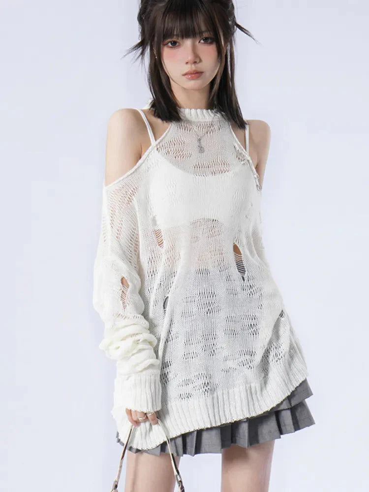 Grunge Distressed Cut-Out Fine Knitted Sweater-White-S-Mauv Studio