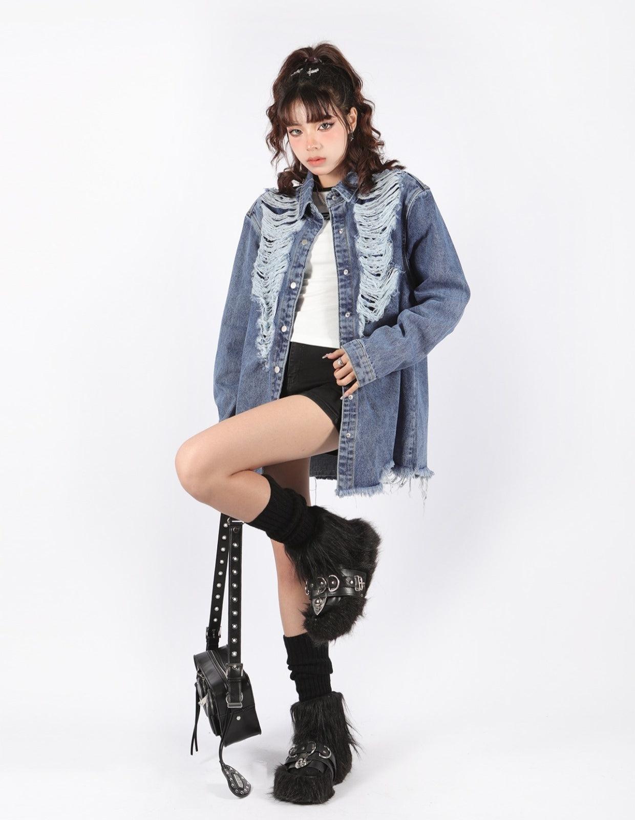 Grunge Distressed Long Denim Jacket – MAUVSTUDIO®